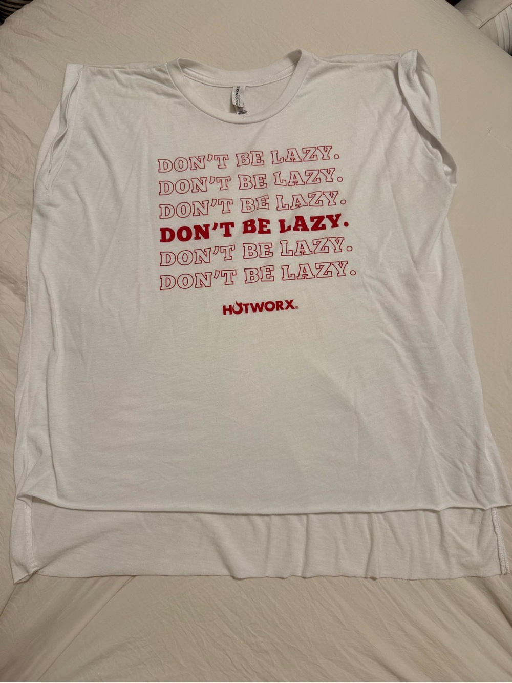 HOTWORX Bella Canvas White Short Sleeve Tee with Red Repeat "Don't Be Lazy" tee